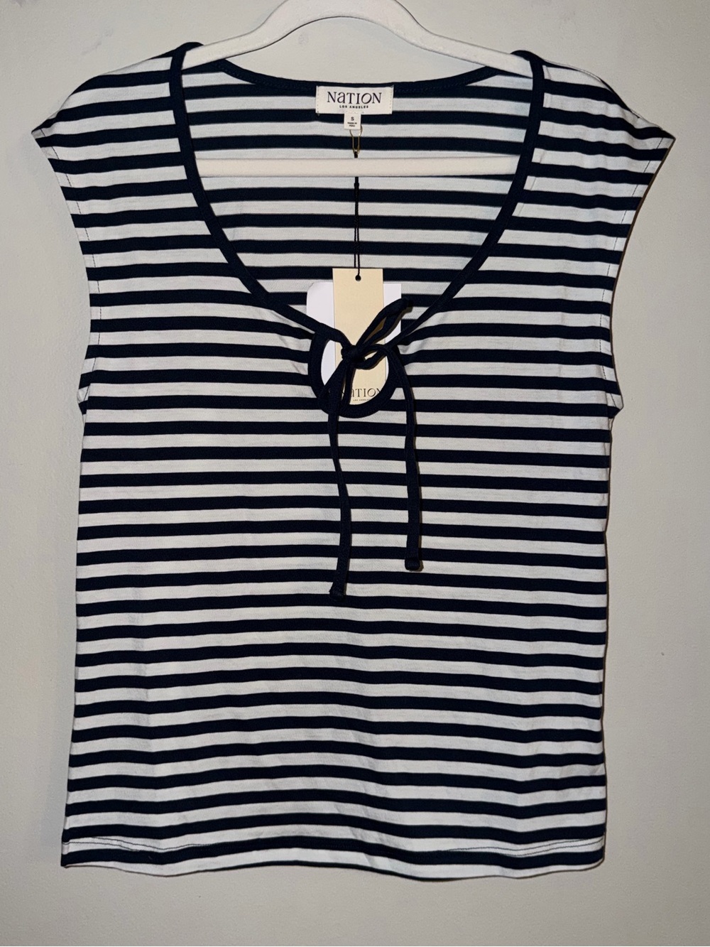 NATION Los Angeles Navy White Striped Pima Cotton Tie Front Top Size S NWT